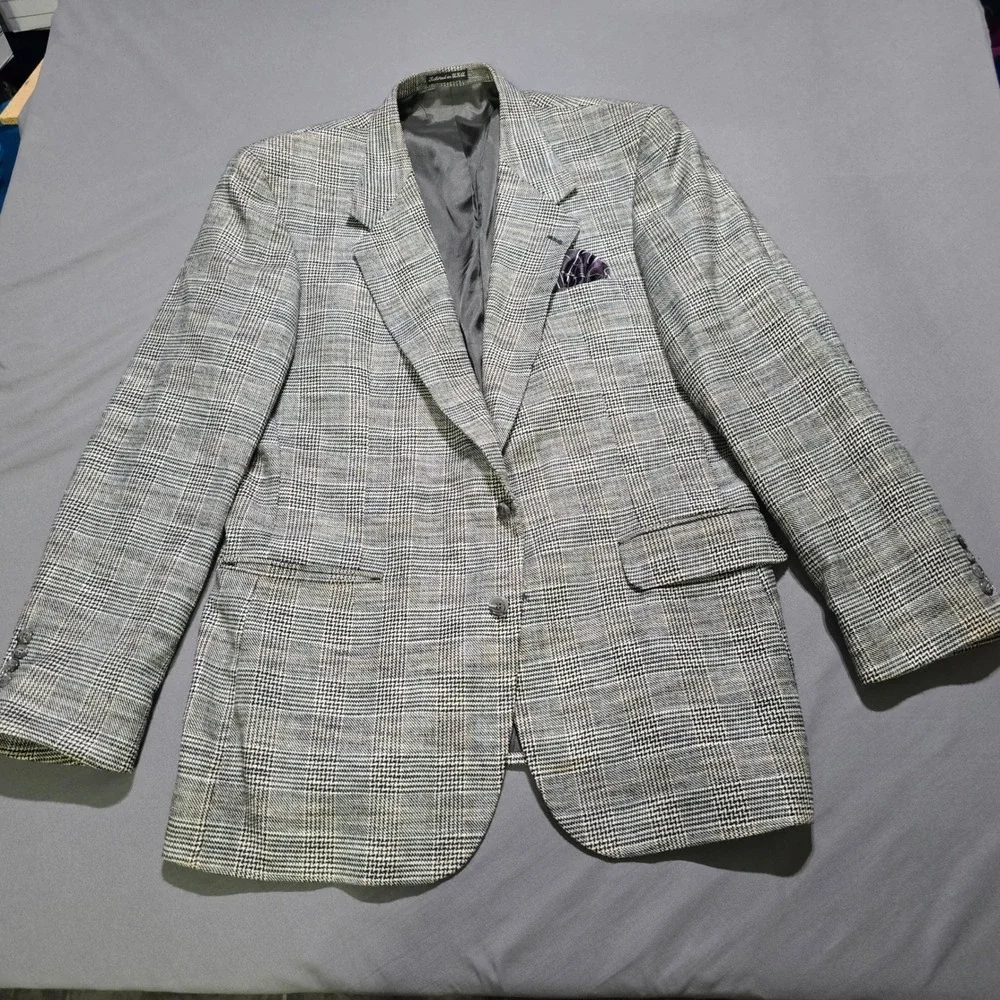 Stafford Blazer Mens 46L Grey Glen Plaid Two Button Sport Coat Tailored in USA